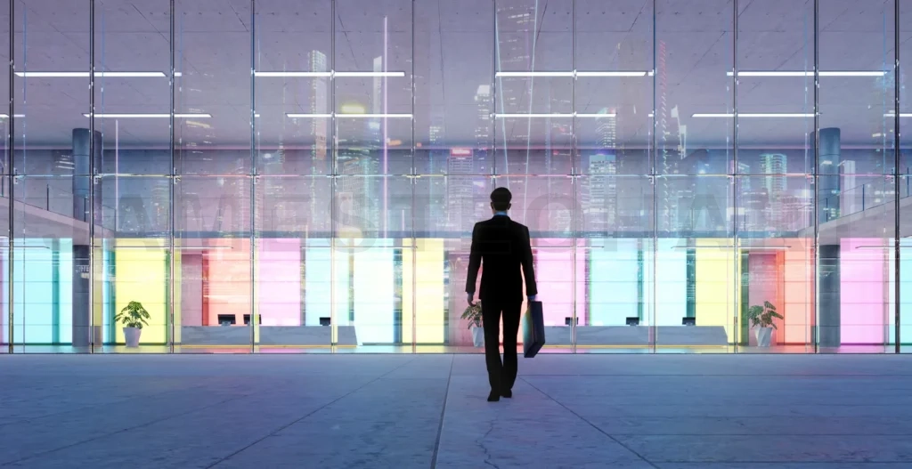 
3d Businessman walking into modern company with colorful wall de