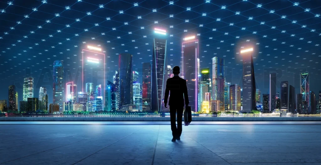 
3d Businessmen walk into the city center full of advanced techno