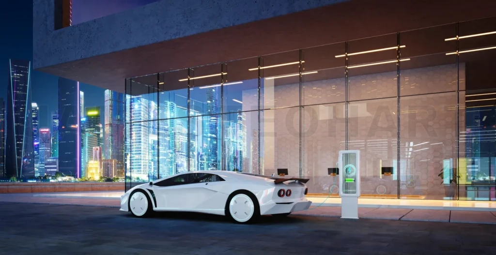 
3d Modern building exterior and brandless electric EV concept ca