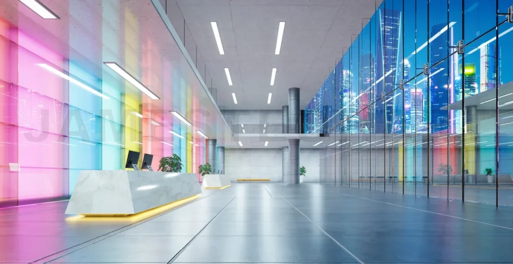 
3d Modern glass wall commercial buildings reception lobby hall