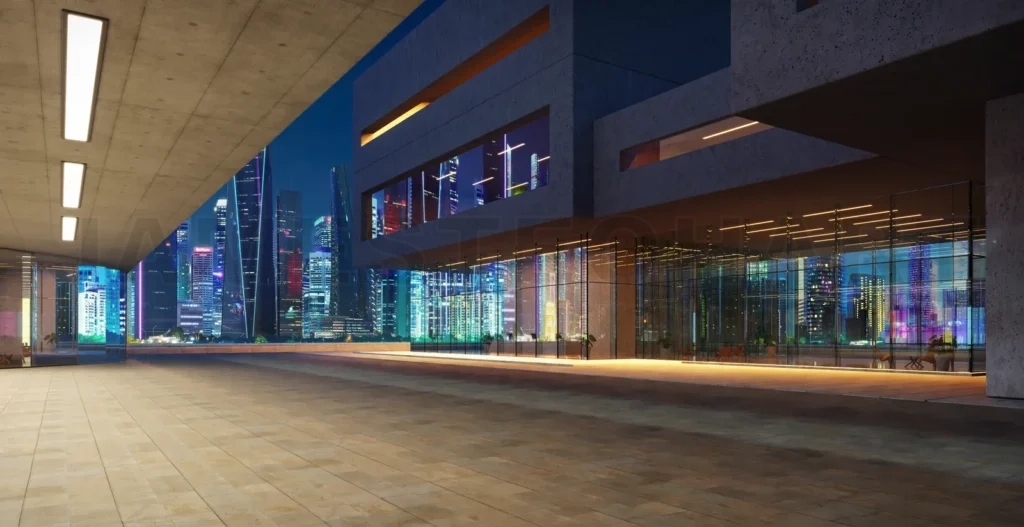 
3d Facades of modern buildings in the business district at night