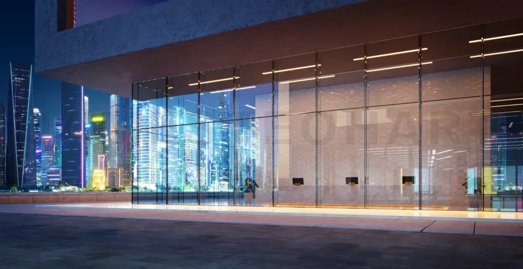 
3d Modern glass facade shoplot exterior