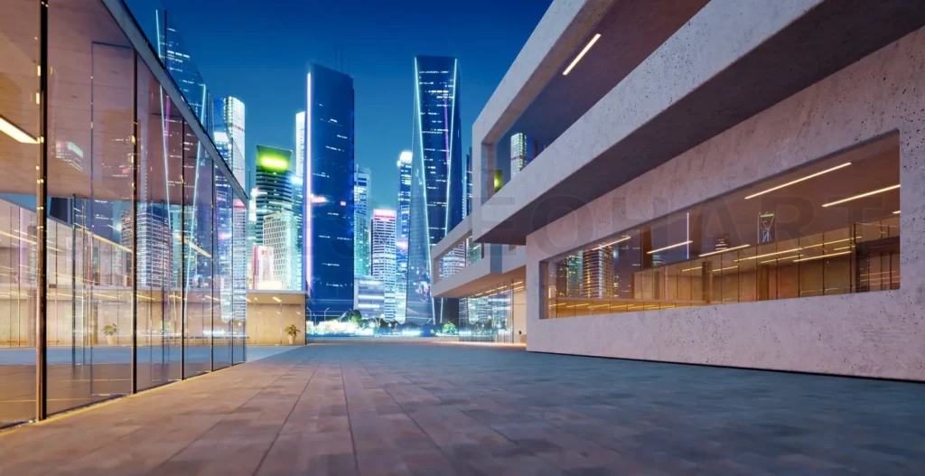 
3d Modern glass facade shop lot exterior