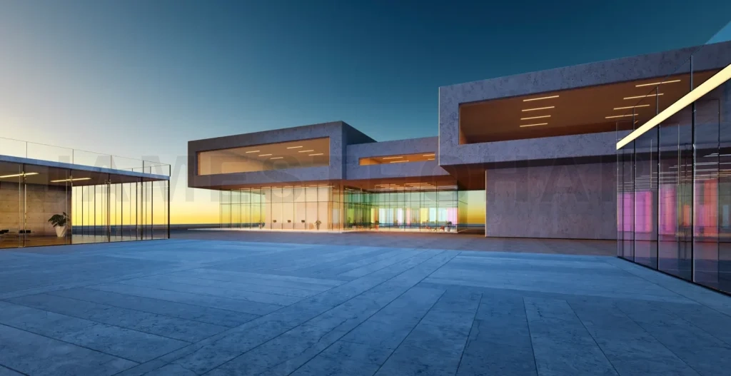 
3d Modern glass facade shop lot exterior