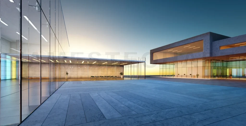 
3d Modern glass facade shop lot exterior