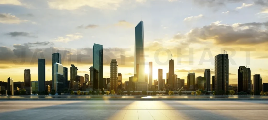 
3d Parking lot at sunrise with the city skyline as the backgroun