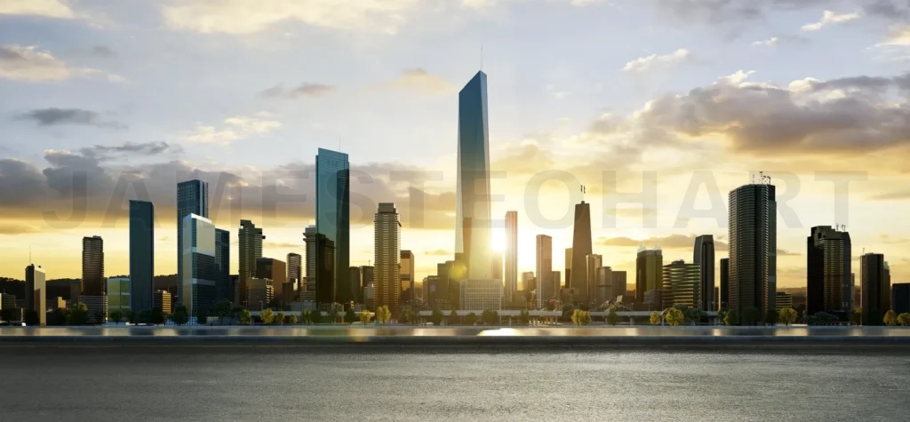 
3d Empty asphalt parking lot at sunrise with the city skyline