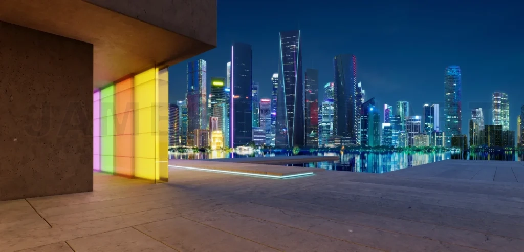 
3d Facades of modern buildings in the business district at night