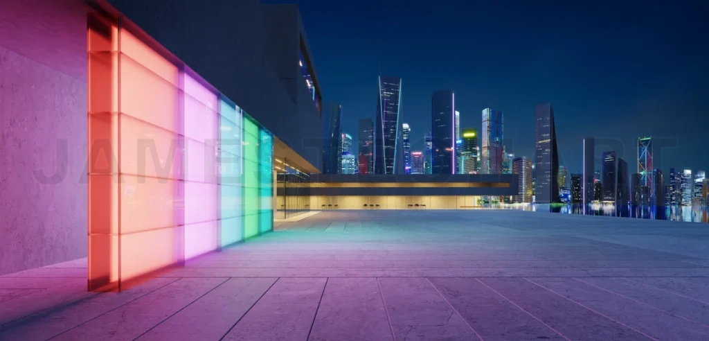 
3d Offices building with beautiful rich color lighting wall desi