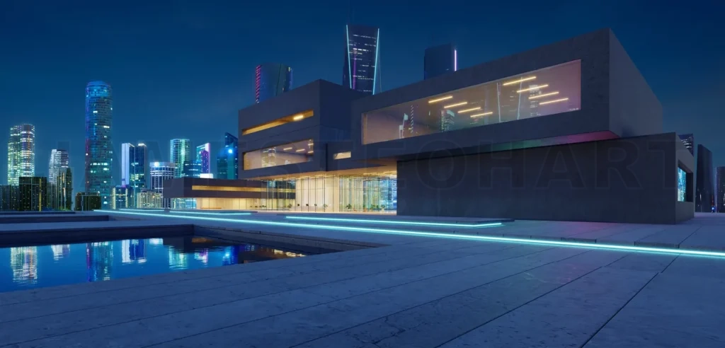 
3d Facades of modern buildings in the business district at night