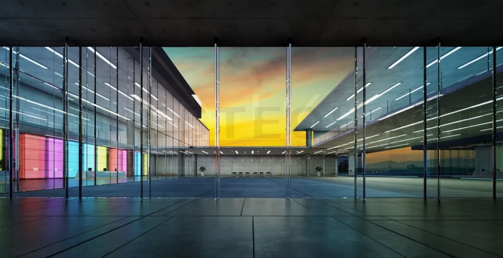
3d Modern glass wall commercial buildings lobby hall