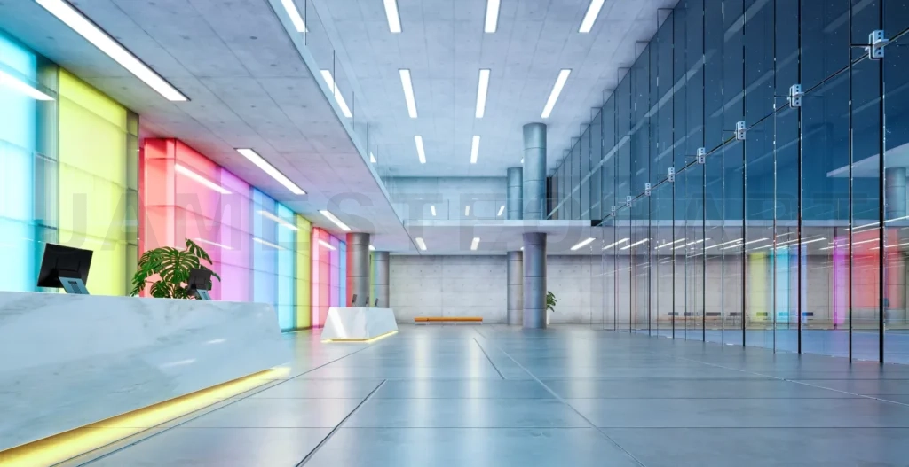 
3d Modern glass wall commercial buildings reception lobby hall