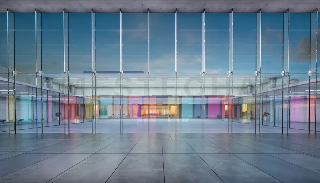 
3d Modern glass wall commercial buildings lobby hall