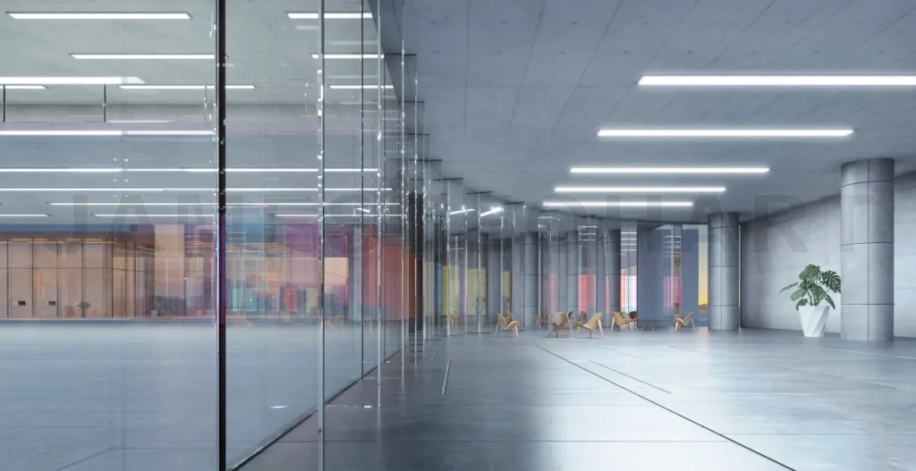 
3d Modern glass wall commercial buildings lobby hall