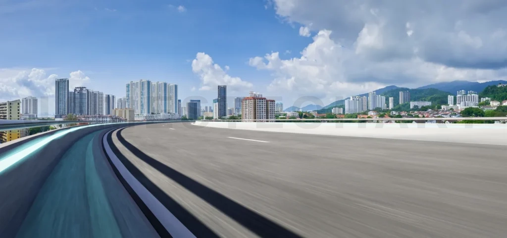 
Highway overpass motion blur with city