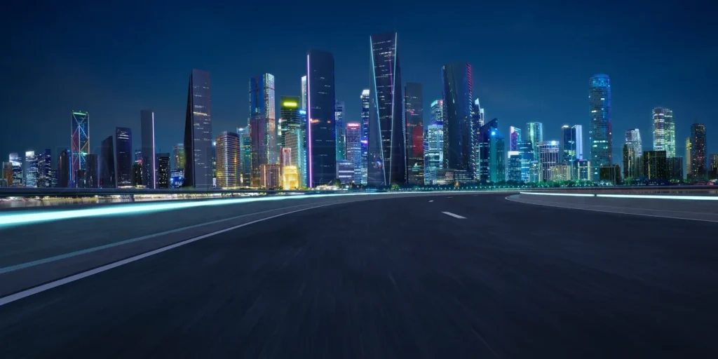 
Highway overpass motion blur with city