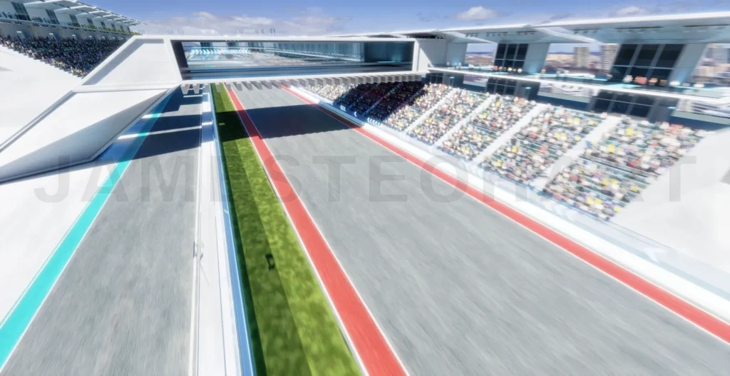 
3d Top angle view moving racetrack with arrow neon light decorat