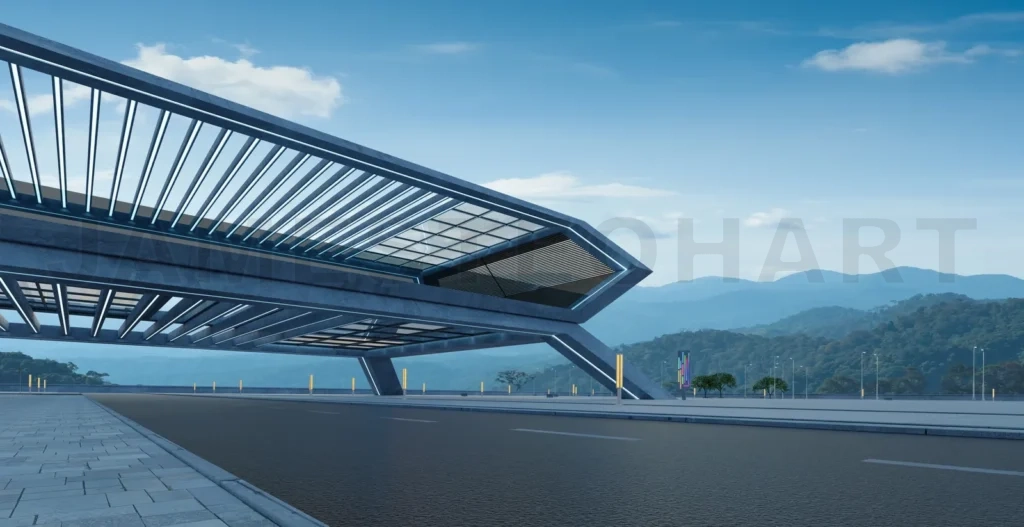 
Perspective view of empty road and modern rooftop building