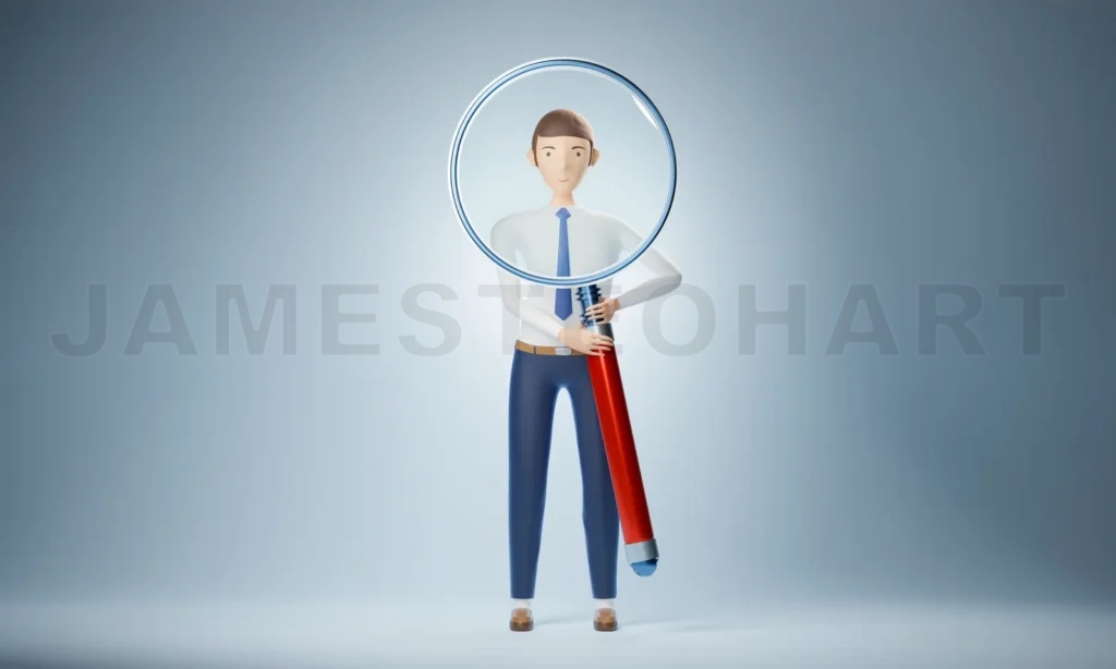 
3d illustration of young cartoon man holding big magnifying glas