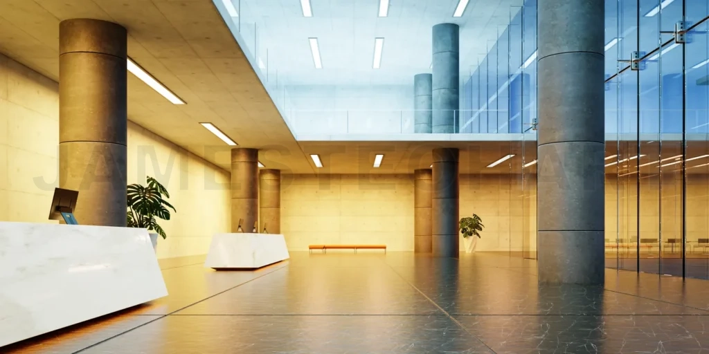 
Modern glass wall commercial buildings reception lobby hall
