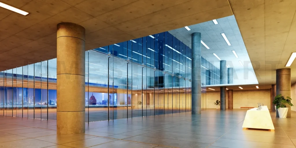 
Modern glass wall commercial buildings reception lobby hall