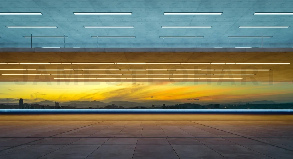 
Modern buildings exterior with sunrise citiscape view