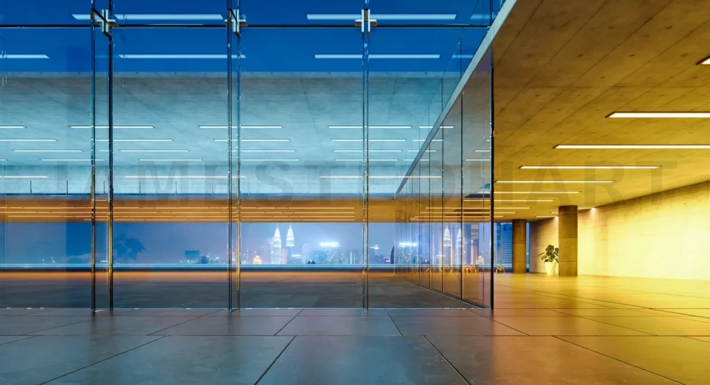 
Modern glass wall commercial buildings corridor