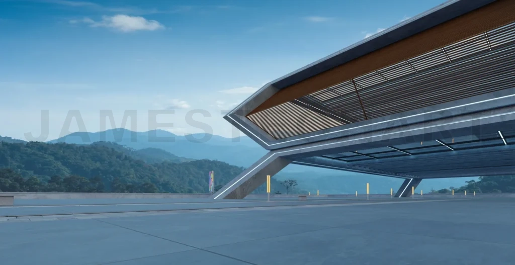 
Empty concrete floor and modern rooftop building