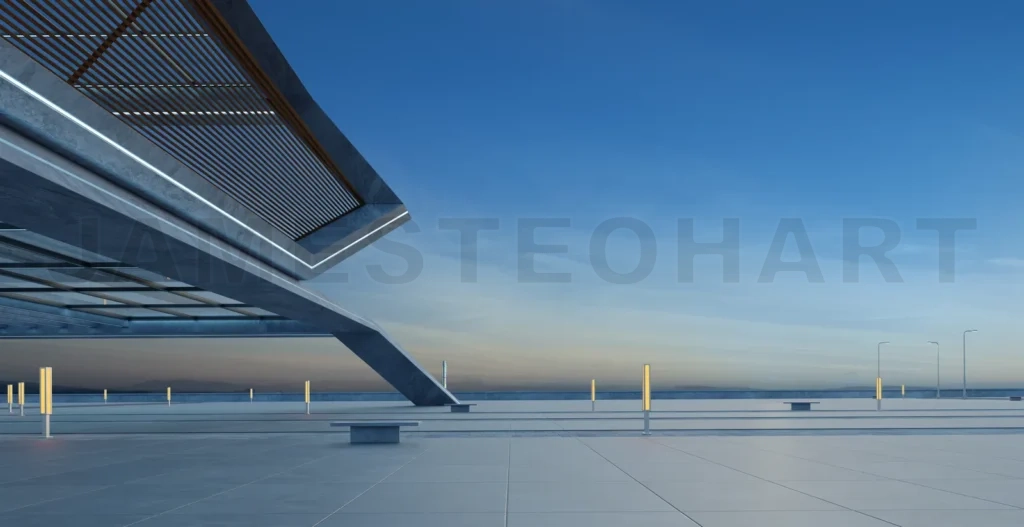 
Empty concrete floor and modern rooftop building