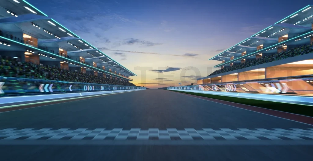 
3d rendering moving racetrack with start and finish line