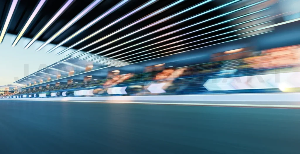 
3d rendering moving racetrack with arrow sign neon light