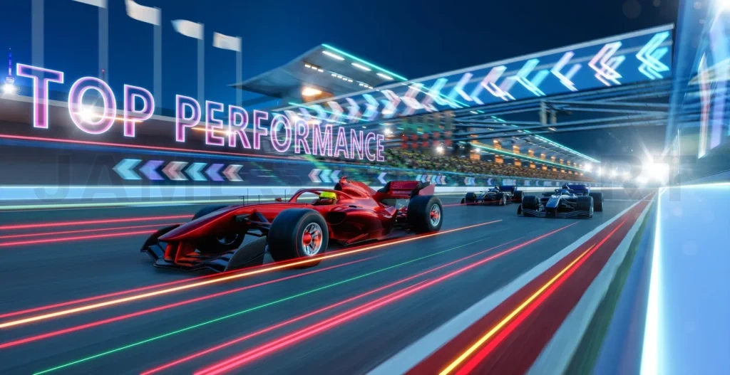 
Formula one cars racing on speed night track