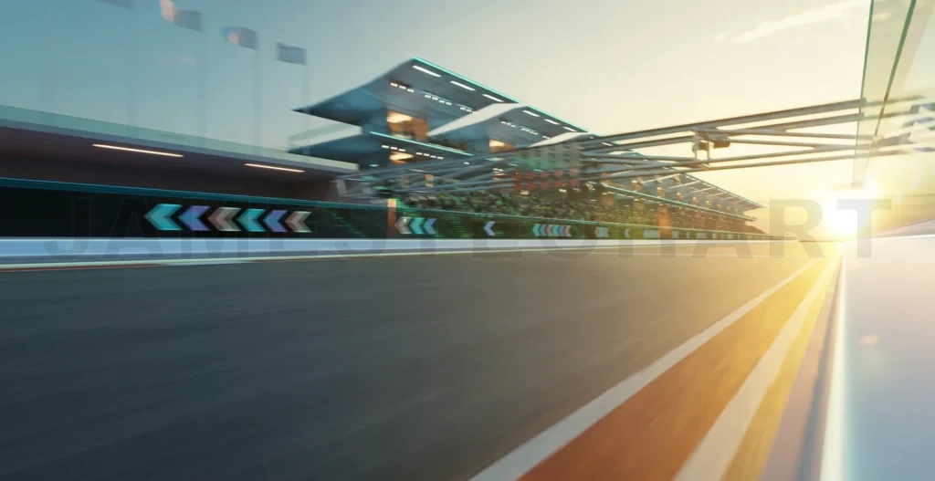 
3d rendering moving racetrack with arrow neon light decoration