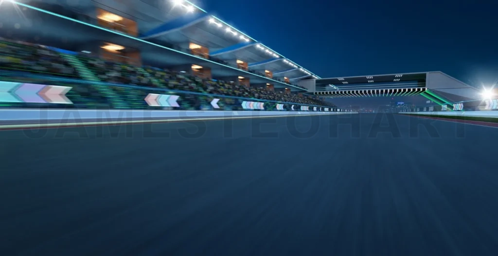 
3d rendering moving racetrack with arrow sign neon light