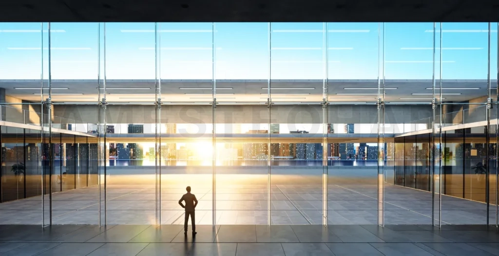 
Rear View Of Successful Businessman Looking The City From His Office ,Sunrise Scene