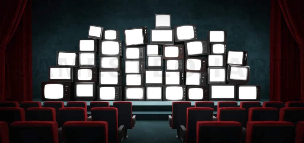 
3d rendering of lots of old and vintage TV sets on theatrical st