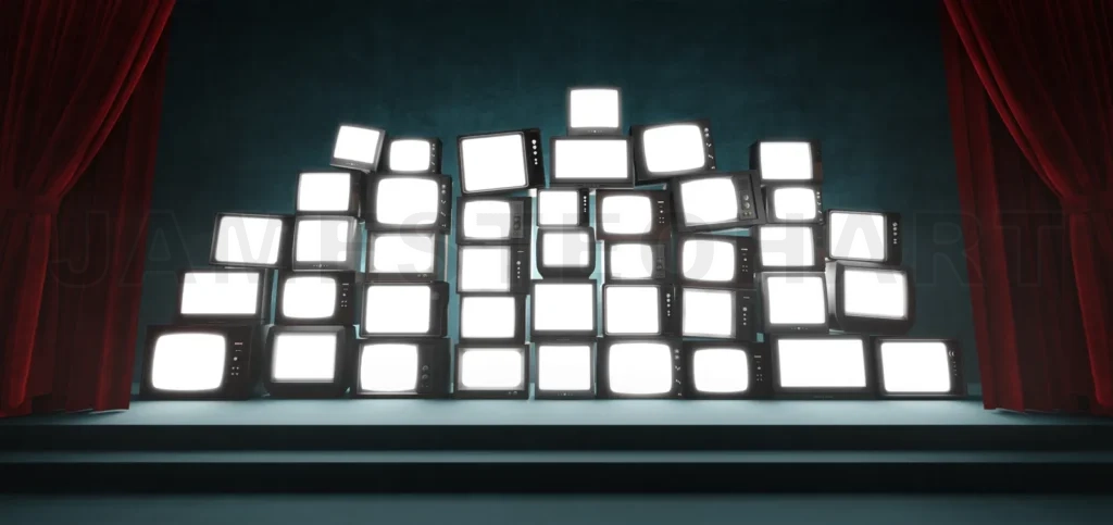 
3d rendering of lots of old and vintage TV sets on theatrical st