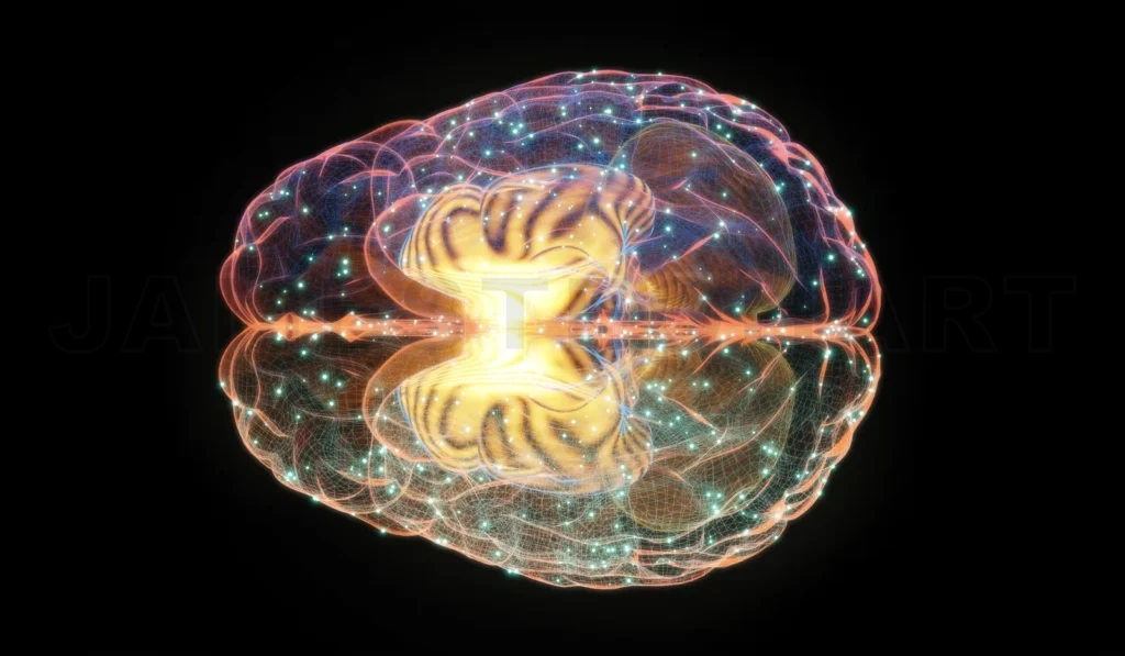 
3D Illustration Of Wireframe Digital Human Brain On Black Background