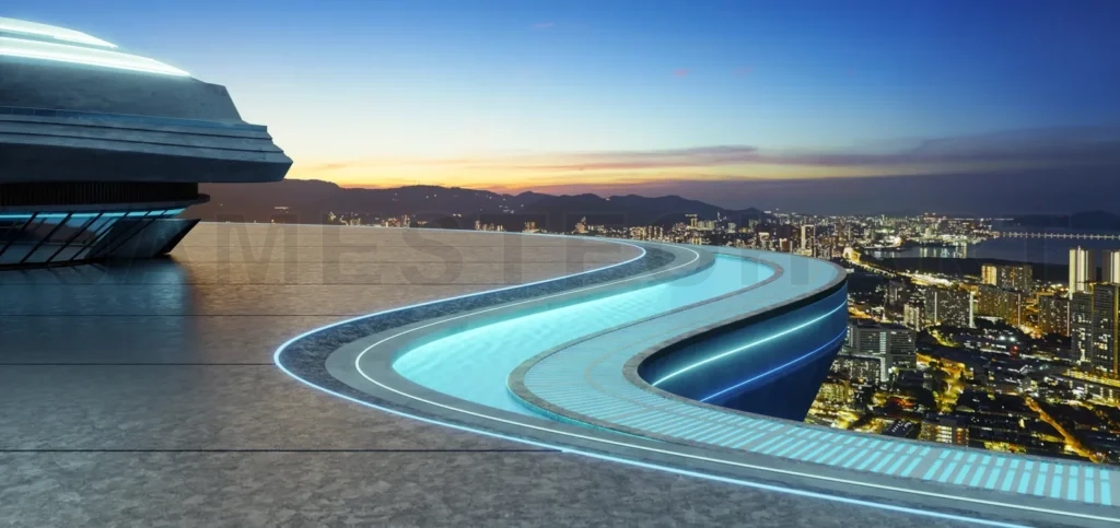 
3d rendering futuristic rooftop cityscape at dusk