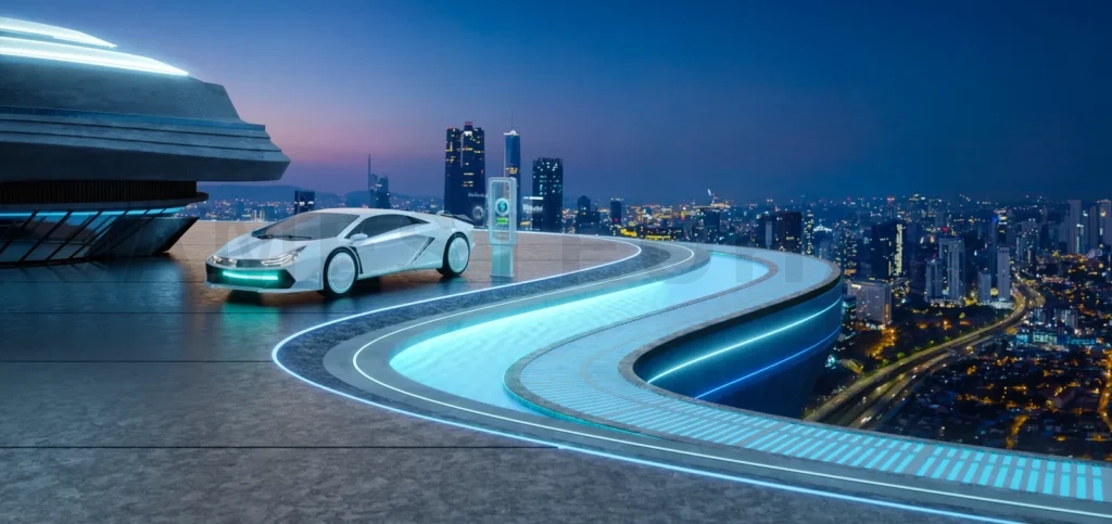 
3d rendering electric car charging on futuristic rooftop cityscape