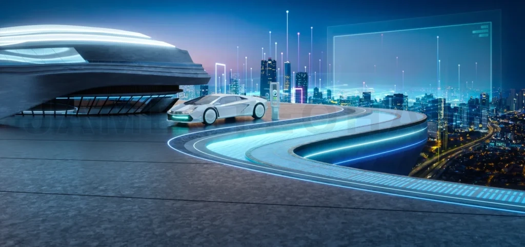 
3d rendering electric car charging on futuristic city rooftop with smart connectivity