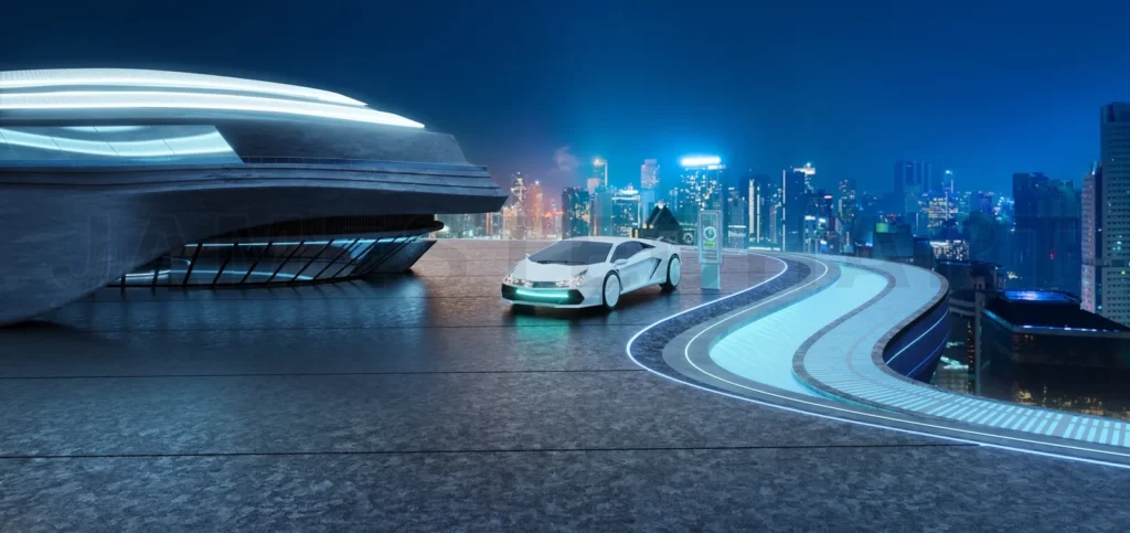 
A White Electric Vehicle Drives On A Glowing, Curved Rooftop Terrace Next To A Modern Building, Set Against A Stunning, Blue-Lit Night City Skyline