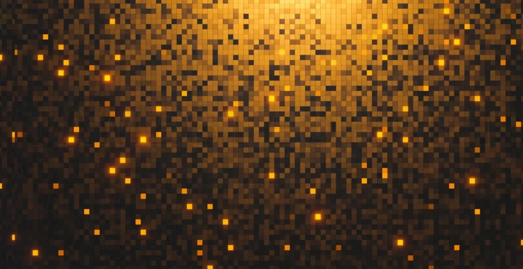 
3d rendering golden pixel wall with glowing lights digital background