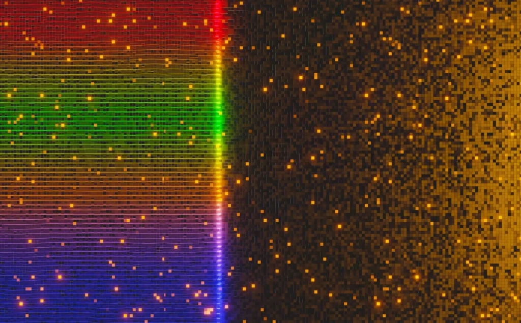 
3d rendering digital data stream flowing through colorful pixels