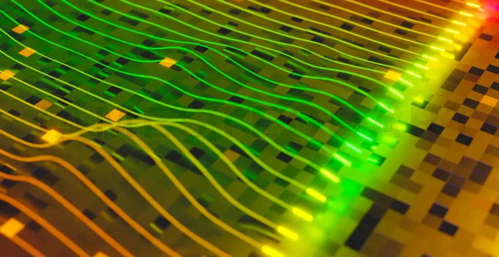 
3d rendering data flowing across illuminated fiber optics lines
