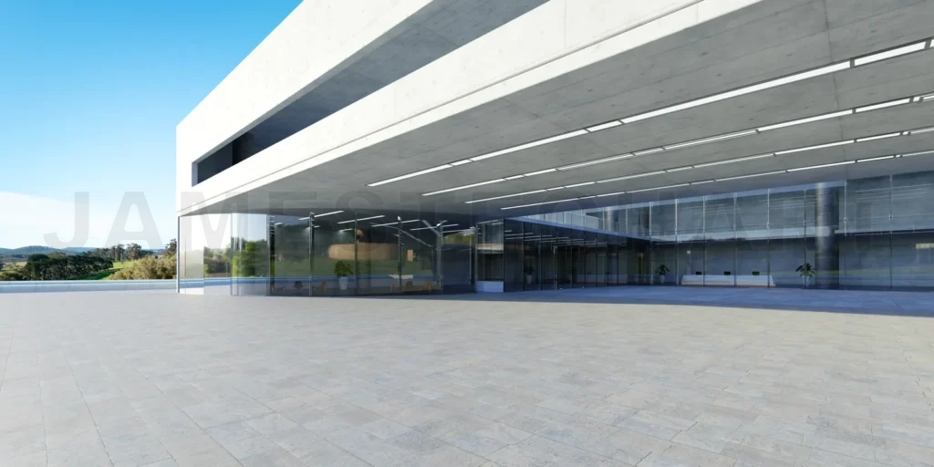 
Empty floor with office buildings and modern architecture