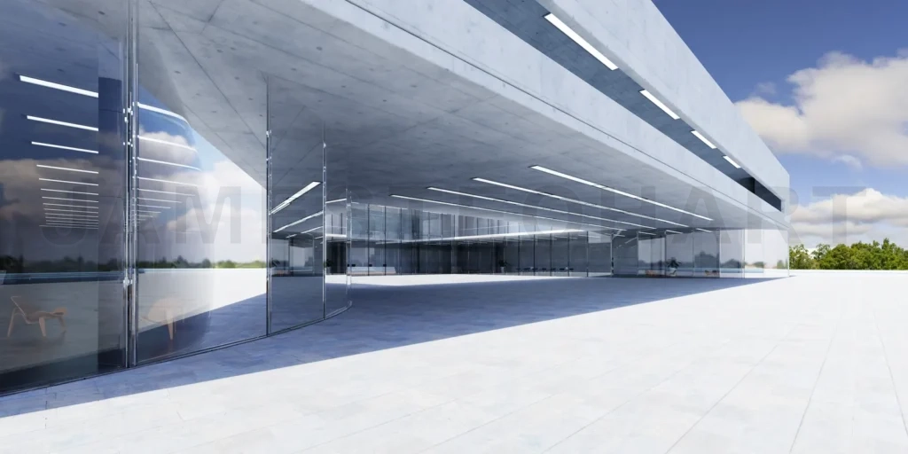 
Empty floor with office buildings and modern architecture