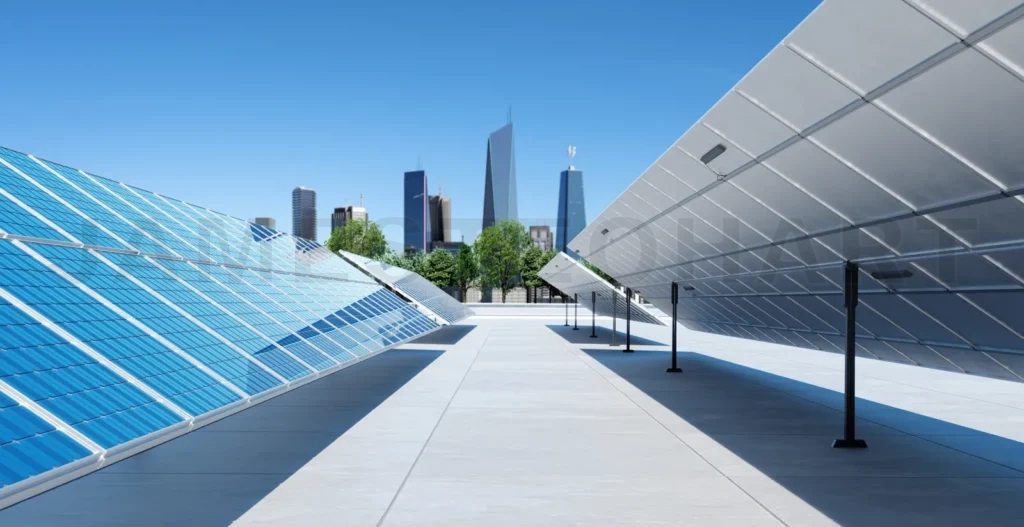 
Solar panels with modern city