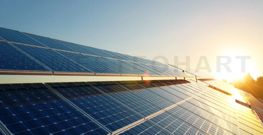 
Solar panels cell farm power with sunset sky