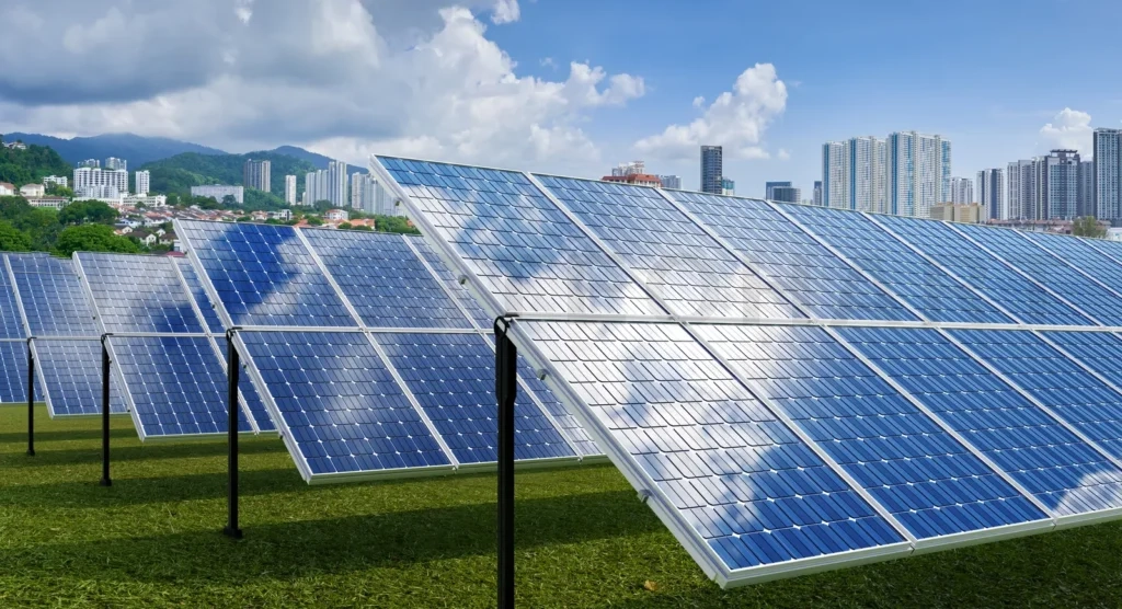 
Solar panels with modern city